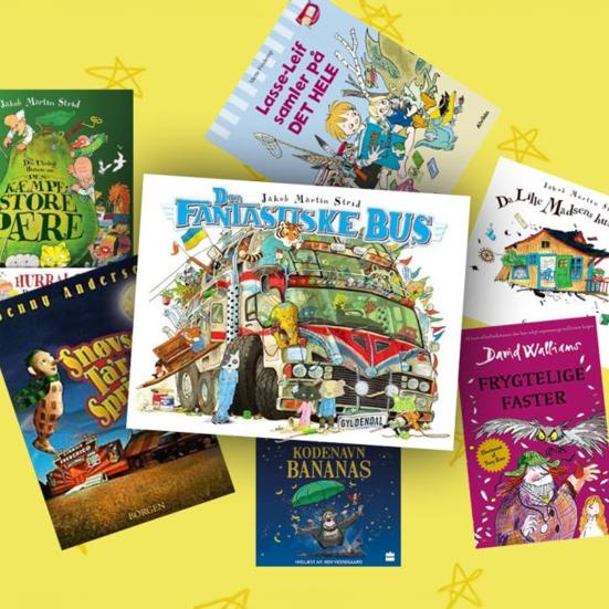 Forsider på billedbøger. Heriblandt Strids "Den fantastiske bus"