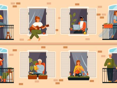 Lejlighedskompleks med mennesker på altaner