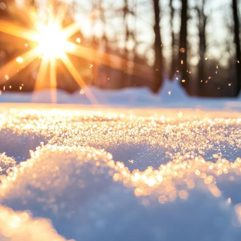 Vinterlandskab med solen som titter frem i baggrunden. 