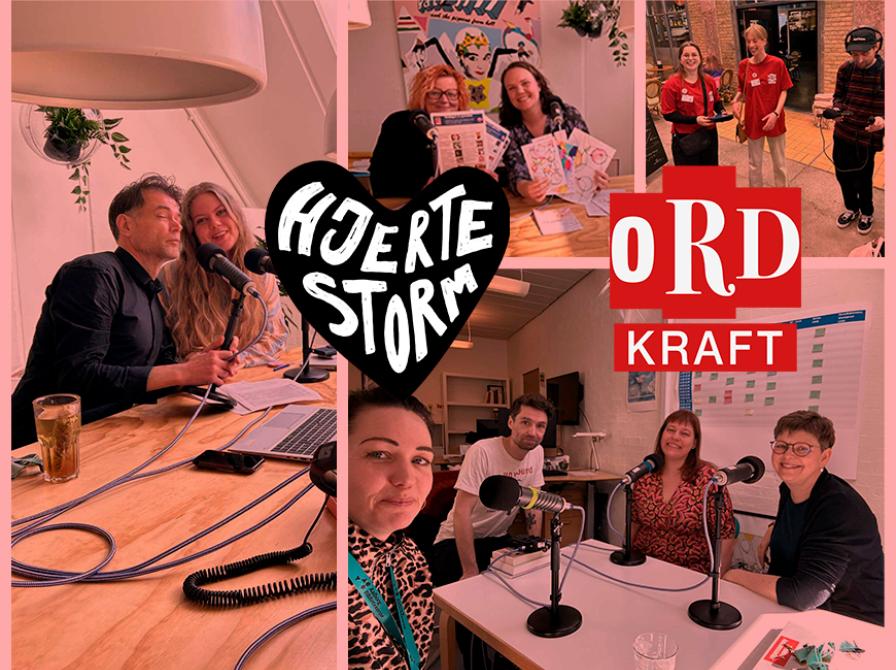 Collage af fotos af interviewpersonerne i podcasten Hjertestorms afsnit om ord- og litteraturfestivalen Ordkraft 2025