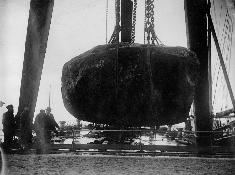 Stenblok, der skal blive til mindestenen på Langelinie hejses op fra Øresund.