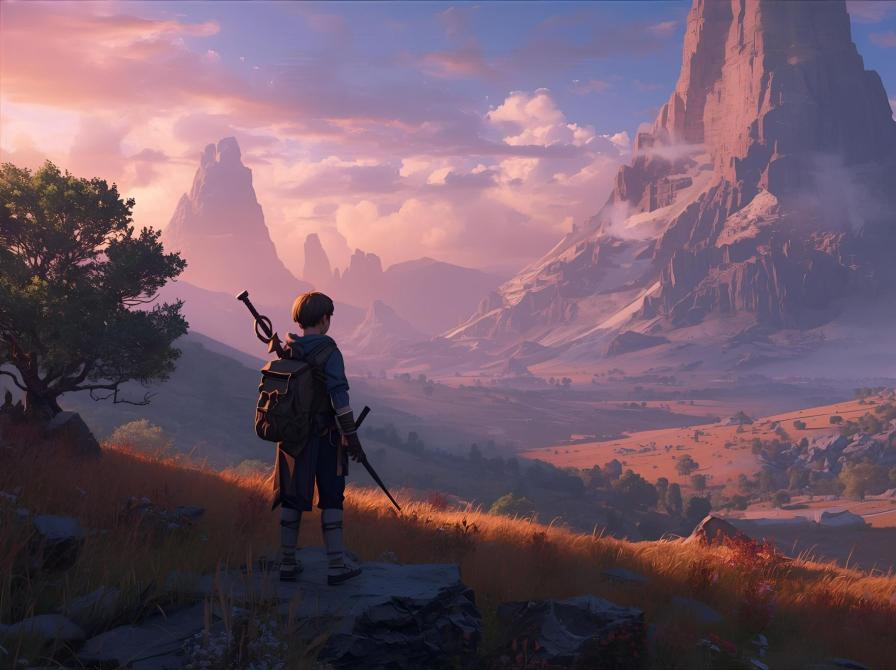 AI-genereret billede af teenager i fantasy-bjerglandskab